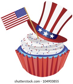 4th of July Independence Day Red White and Blue Cupcake with USA Flags and Hat Illustration