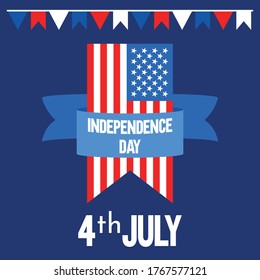 4th of july or independence day related ribbon banner with hanging united state flag and decoration banners vector illustration in flat style 