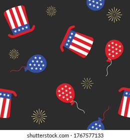4th of july or independence day related strips hats, stars balloons, and fireworks with black background  pattern vector illustration in flat style 