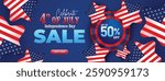 4th of July Independence Day sale banner with USA flag balloons, stars, and up to 50% shopping discount in a red and blue patriotic theme