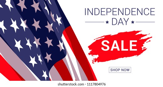 4th of July independence day sale. Vector banner design template with american flag and text on white background.