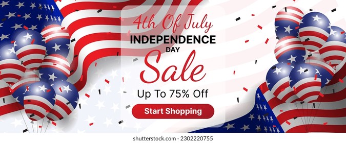 4th of july independence day sale banner design with american flag, confetti and balloons. vector illustration