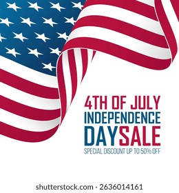 4th of July Independence Day Sale commercial sign with waving american flag for shopping activities and holiday sales promotion. Vector illustration.
