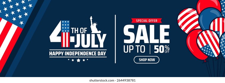 4th of July Independence Day Sale background or banner design. American Flag, Statue of Liberty, Patriotic Balloons, and "Up to 50% Off" on Blue Background.