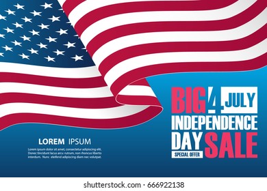 4th of July Independence Day Sale banner with waving american national flag. Special offer background for business, promotion and advertising. Vector illustration.