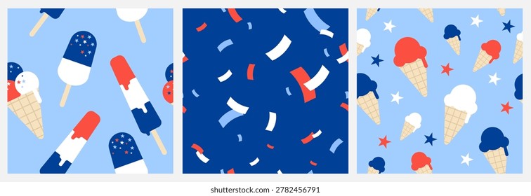 4th of July Independence Day Seamless Pattern Set with Patriotic Ice Cream, Popsicles and Confetti in Red, White and Blue. Cute Flat Vector for Textile, Wrapping Paper, Surface Print and Party Decoration.