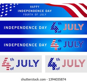 4th of July Independence day. Set of web banner templates with American waving flag and stars. Memorial day. National holiday event poster, flyer, card design. July fourth. Vector illustration
