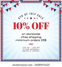 4th of July Independence Day shopping sale banner with discount and copy space, decoration with bunting, usa frame on sky blue background. Vector illustration.