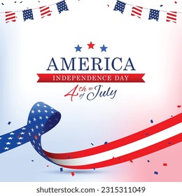 4th of July independence day social media greeting post banner, poster, template design with USA flag waving ribbon, and bunting decoration. Vector illustration.