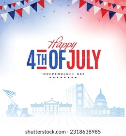 4th of July independence day social media greeting post banner, poster, template design with usa famous landmarks, and bunting decoration. Vector illustration.