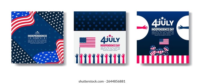 4th of July  Independence Day  social media banner set,blue background, promotion advertising bundle, square layout template for Instagram and Facebook. USA festival banner with usa flag