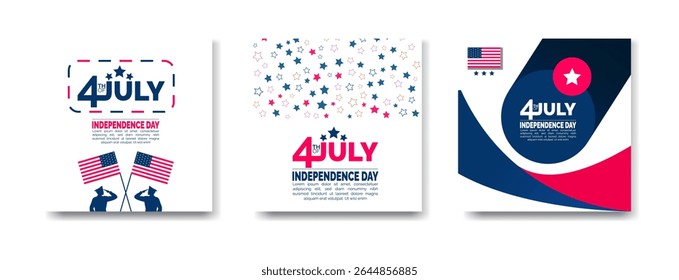 4th of July  Independence Day  social media banner set,blue background, promotion advertising bundle, square layout template for Instagram and Facebook. USA festival banner with usa flag