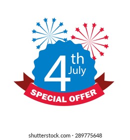 4th July Independence day special offer tag with fireworks and ribbon, vector