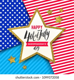 4th of July, Independence day - Star with brush calligraphy greeting on a stars and stripes USA patriotic colors background. Vector illustration.