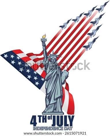 4th of July Independence Day. Statue of Liberty and eagle fighter jet plane taking off during parade