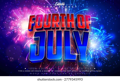 4th of July Independence Day Text Effect Design Editable Vector Graphic Style with 3d Typography on Fireworks Background. Memorial or Veteran Day Customizable Illustration Template for Greeting Card, Banner, Flyer, Invitation, Brochure or Promotional Poster