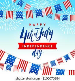 4th of July, Independence day - type design with brush calligraphy and USA patriotic flags garlands. Vector illustration.