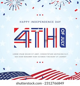 4th of July, Independence Day - type design with red and blue color and USA patriotic flags garlands, fireworks. Vector illustration.