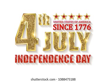 4th of July independence Day United States of America. Gold letters on white background . Vector illustration.