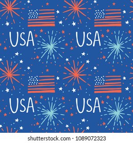 4th of July, Independence Day of the United States, seamless pattern background. Hand drawing vector illustration