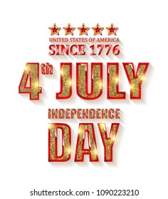 4th of July independence Day United States of America. Gold letters on white background . Vector illustration.