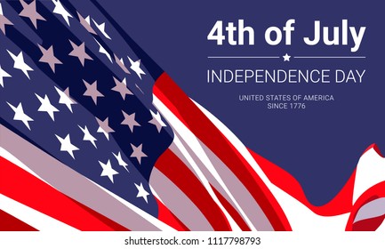 4th of July -  independence day. United States of America since 1776. Vector banner design template with american flag and text on dark blue background.