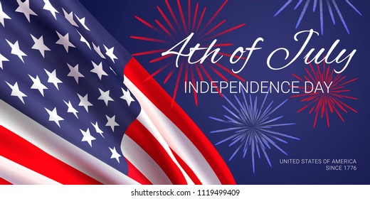 4th of July -  independence day. United States of America since 1776. Vector banner design template with realistic american flag, fireworks and text on dark blue background.