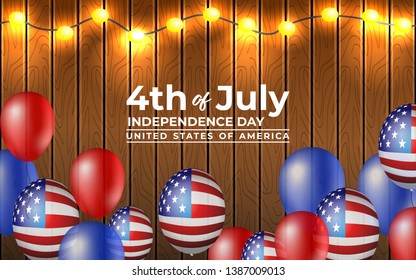 4th of july independence day of united states of america illustration. banner design with gold stars and balloons in american color style.