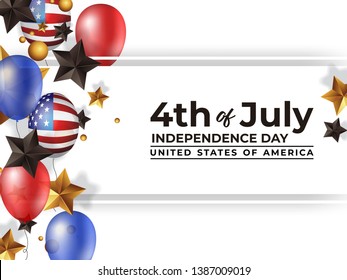 4th of july independence day of united states of america illustration. banner design with gold stars and ballonos in american color style.