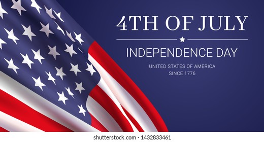 4th of July - independence day. United States of America since 1776. Vector banner design template with realistic american flag and text on dark blue background.