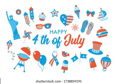 4th of July, Independence Day of the United States, greeting card design. Flat style cartoon vector illustration