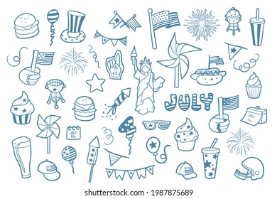 4th of July, Independence Day of the United States of America celebration themed doodle set, simple outlines, collection of hand drawn vector signs, symbols and objects, blue on a white background.