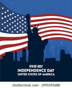 4th of july independence day united states of america with statue of liberty silhouette and american flag