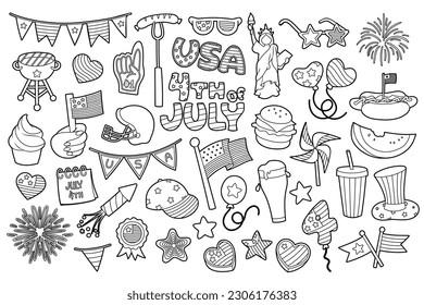 4th of July, Independence Day of the United States of America celebration themed illustrations, collection of hand drawn vector elements, symbols and objects. Black and white outlines for coloring.