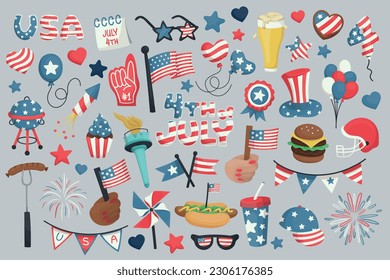 4th of July, Independence Day of the United States of America celebration themed illustrations, collection of hand drawn vector elements, symbols and objects.