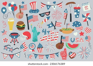 4th of July, Independence Day of the United States of America celebration themed illustrations, collection of hand drawn vector elements, symbols and objects.