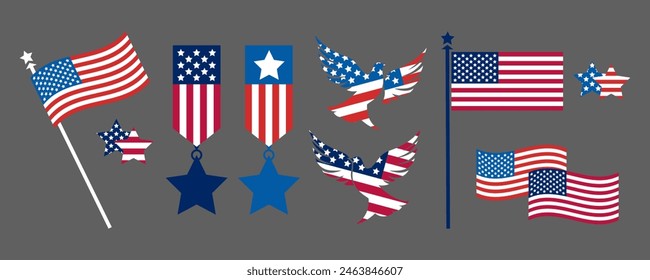 4th of July Independence Day. United States decorative elements set. USA flag. Memorial Day, US set for American national holiday. Veterans day set. Bunting flags and stars. Labor Day illustrations.