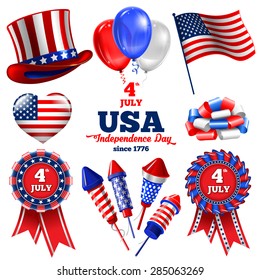 4th July - Independence day of United States of America  - festive vector set with different holiday symbols isolated on white background