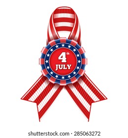 4th July - Independence day of United States of America  - festive vector badge with striped ribbon in national colors isolated on  white background.