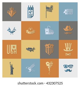 4th of July, Independence Day of the United States, Simple Flat Icons. Vector