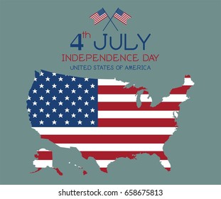 4th July Independence day, United States of America Map with Flag Vector.