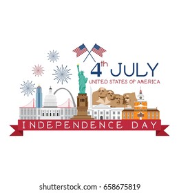 4th July Independence day, United States of America landmarks with Flag Vector.