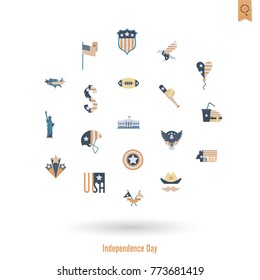 4th of July, Independence Day of the United States, Simple Flat Icons. Vector