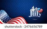 4th of July Independence Day of the USA Vector Illustration with American Flag Pattern Heart on Blue Background. Fourth of July National Celebration Design with Typography Letter for Banner, Greeting