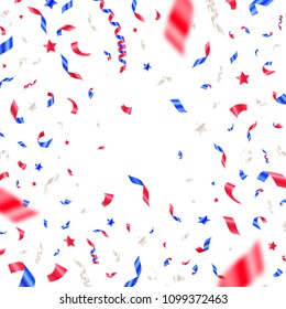 4th of July, Independence day - USA patriotic colors confetti. White, red and blue falling ribbons and stars. Vector background.