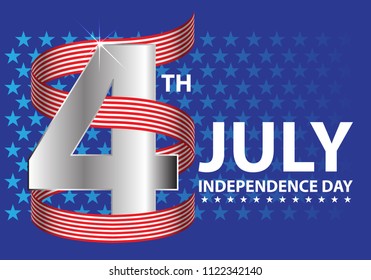 4th July Independence day of the USA silver number with red white ribbon on blue stars holiday celebration background vector illustration.