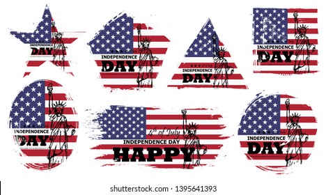 4th of July independence day of USA . Set of various grunge shape with america flag and liberty statue drawing design . Elements vector .