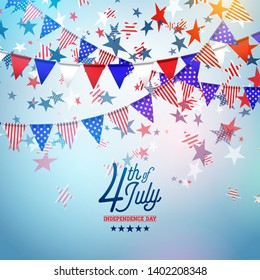4th of July Independence Day of the USA Vector Illustration. Fourth of July American national Celebration Design with Flag and Stars on Blue and White Confetti Background for Banner, Greeting Card