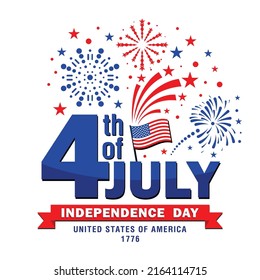 4th of July, Independence day of USA. Greeting design with  firework burst rays and flag. Vector on transparent background