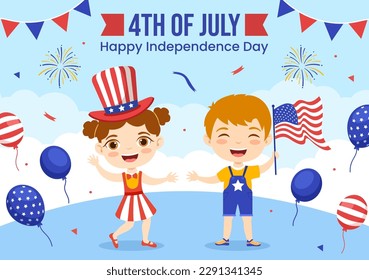 4th of July Independence Day USA Vector Illustration with Kids and American Flag Background in Flat Cartoon Hand Drawn Landing Page Templates